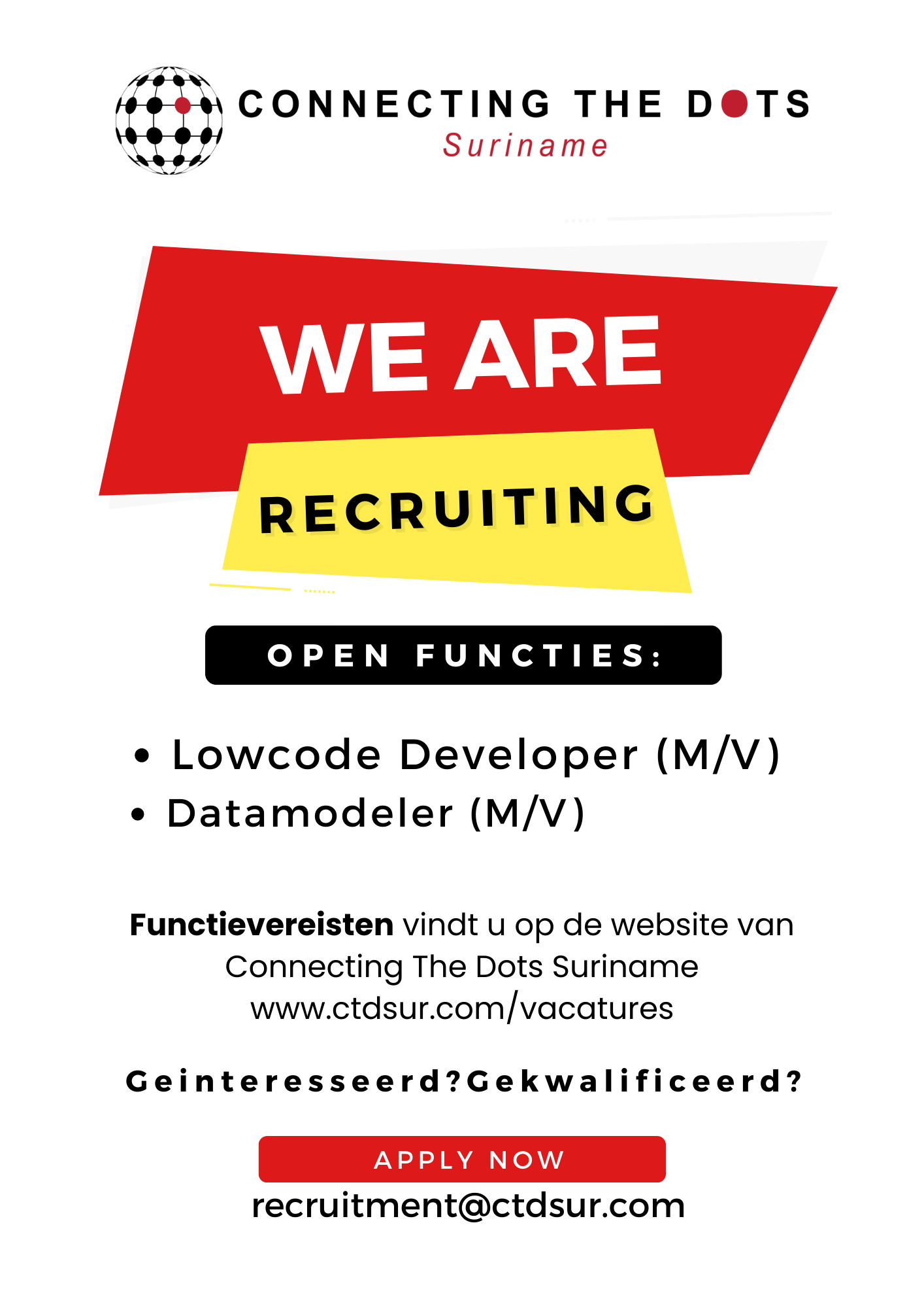 We are recruiting! Open functies: lowcode developer (m/v) en datamodeler (m/v). Functievereisten vind u op de website.